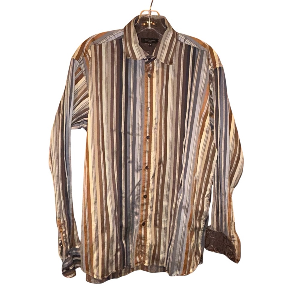 Ted Baker London (5) Mens Striped Dress Shirt XL Flip Cuff‎ Brown Blue Office